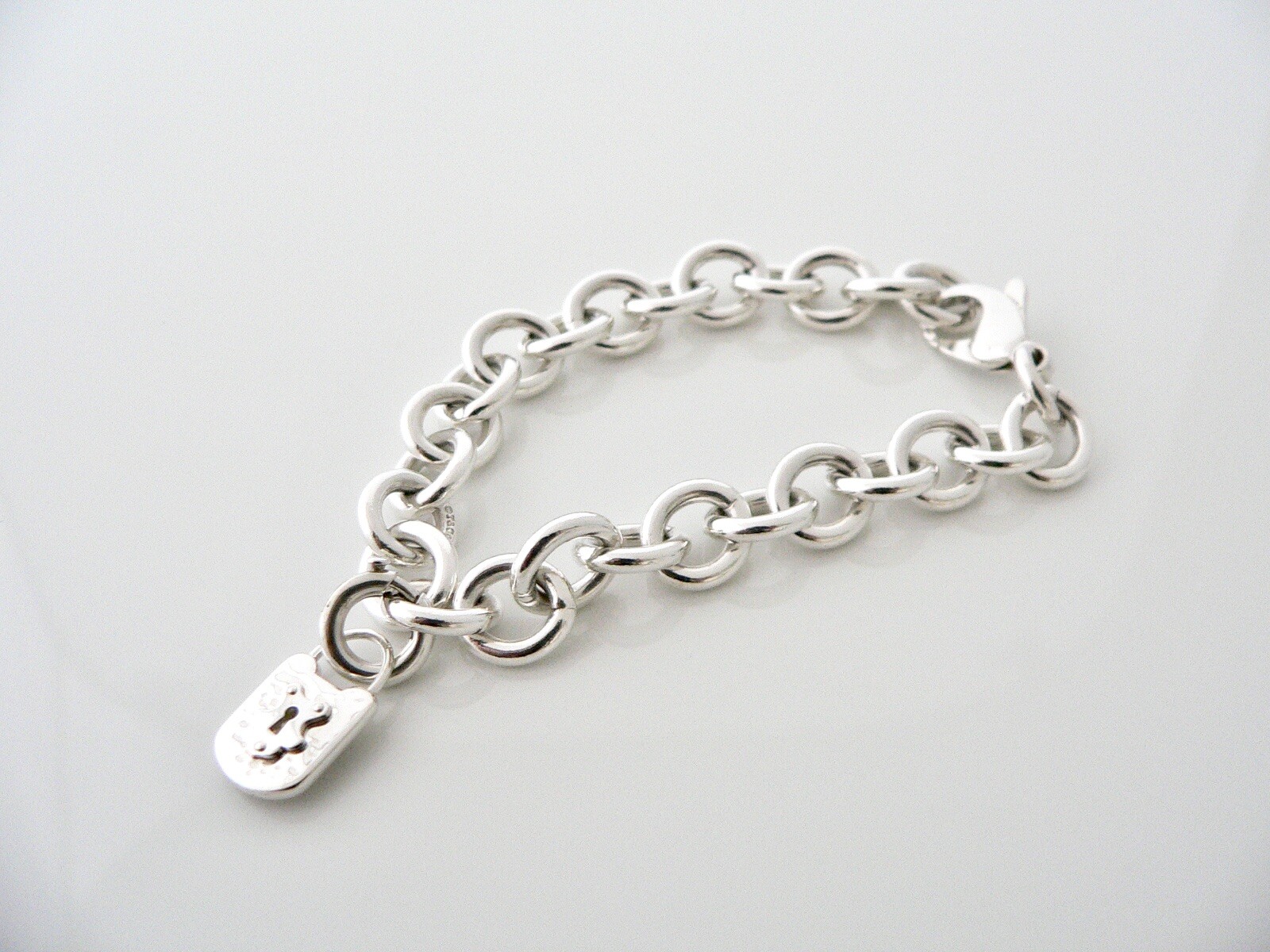 Tiffany & Co Key Keyhole Padlock Bracelet Charm Chain Silver Pouch Clasp 7.25 In