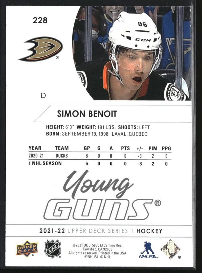 2021-22 Upper Deck Series 1 Young Guns - Simon Benoit - Ducks - Image 2 of 2