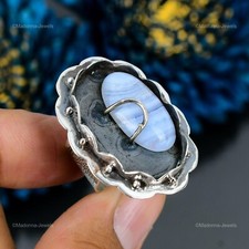 Gift For Her Natural Blue Lace Agate Stackable Adjustable Ring 925 Silver