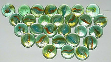 Blown Glass Marbles 1" Ribbon Core Swirls Translucent Green Bubbles 28 Lot 1975