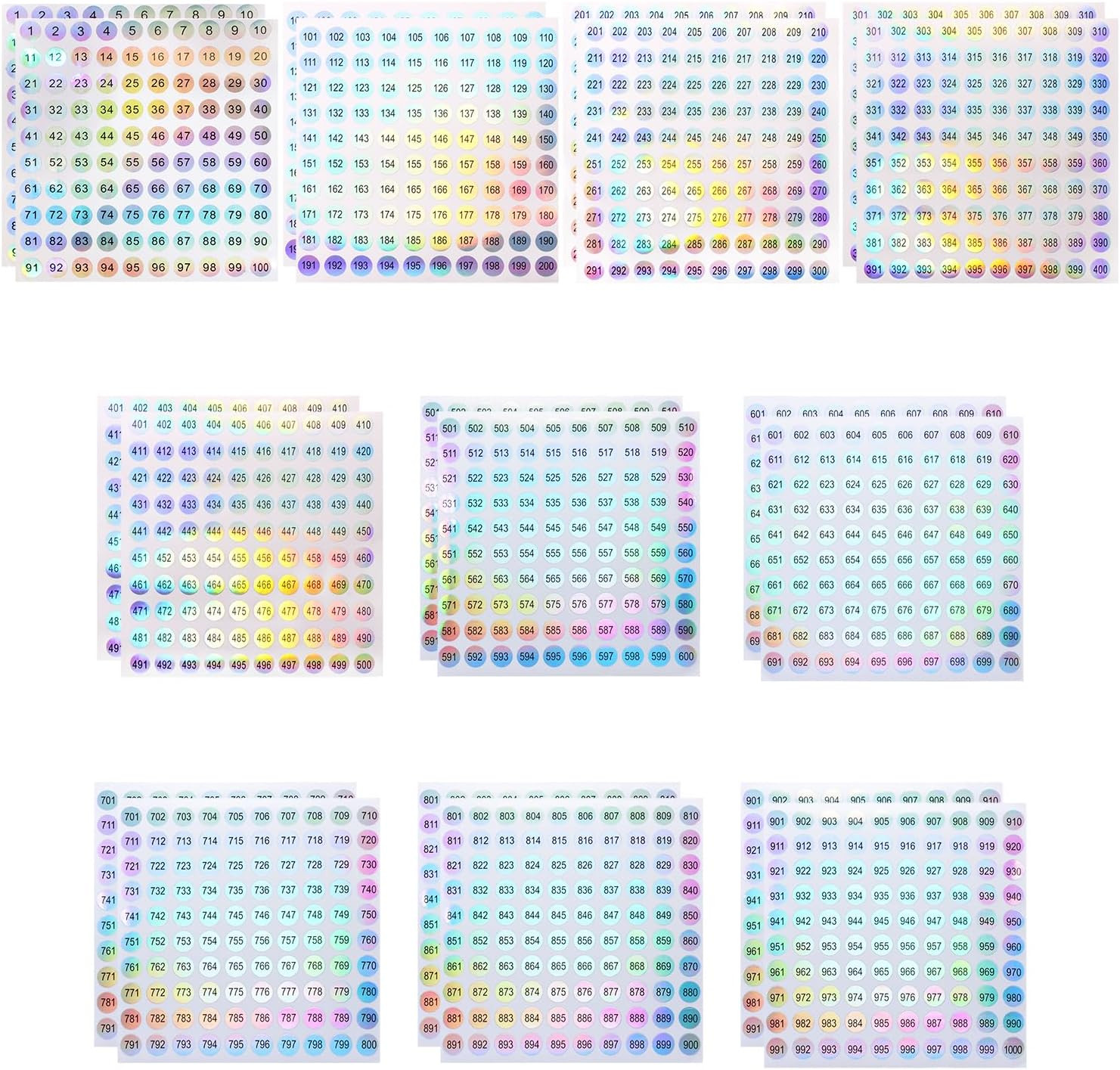 20 Sheets 1 to 1000 Consecutive Laser Number Stickers round Self Adhesive Reflec