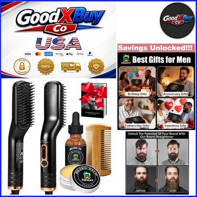 Men's Beard Straightener Kit with Oil, Balm, Comb, E-Book, Dual Voltage