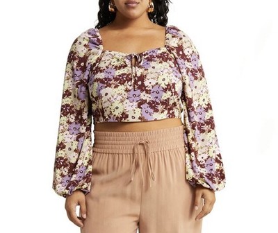 OPEN EDIT Crop Top 2X Puff Sleeve Long Sleeve Elastic Back,  NWT