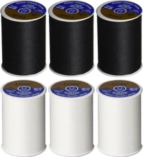 6 Pack Bundle - (3 Black + 3 White) - Coats & Clark Dual Duty All-Purpose Thread