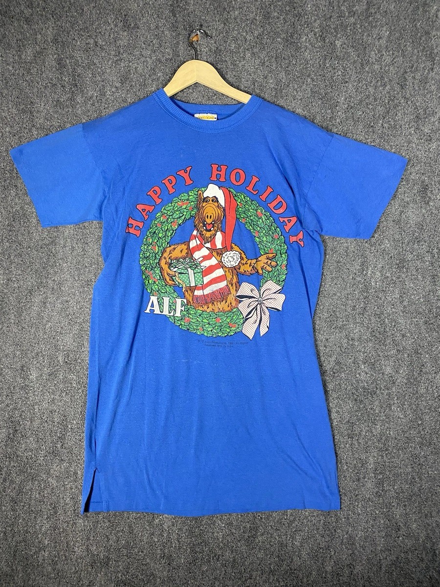 Vintage ALF Christmas T Shirt Size Large Blue 1988 80s Cotton