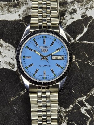  Automatic Seiko Refurbished Blue Dial Day / Date Men's Wrist Watch Free Shippi