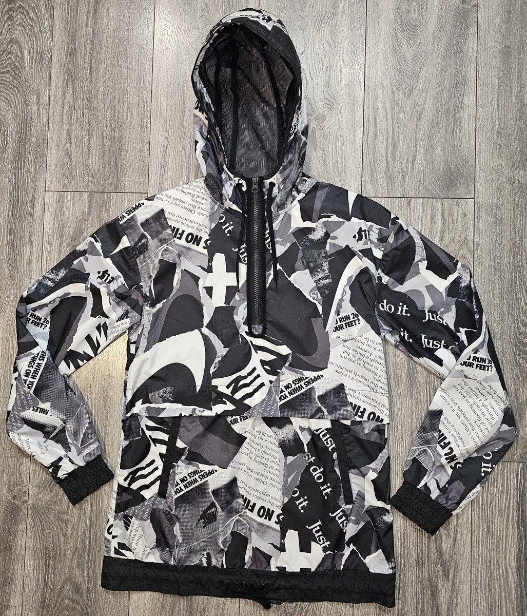 Nike Just Do It Newsprint 1/4 Zip Hooded Windbreaker Jacket Womens