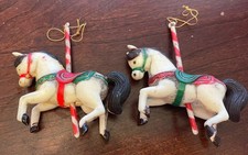 2 Christmas Ornaments Carousel Horses 3.5" Plastic Unbranded Vintage