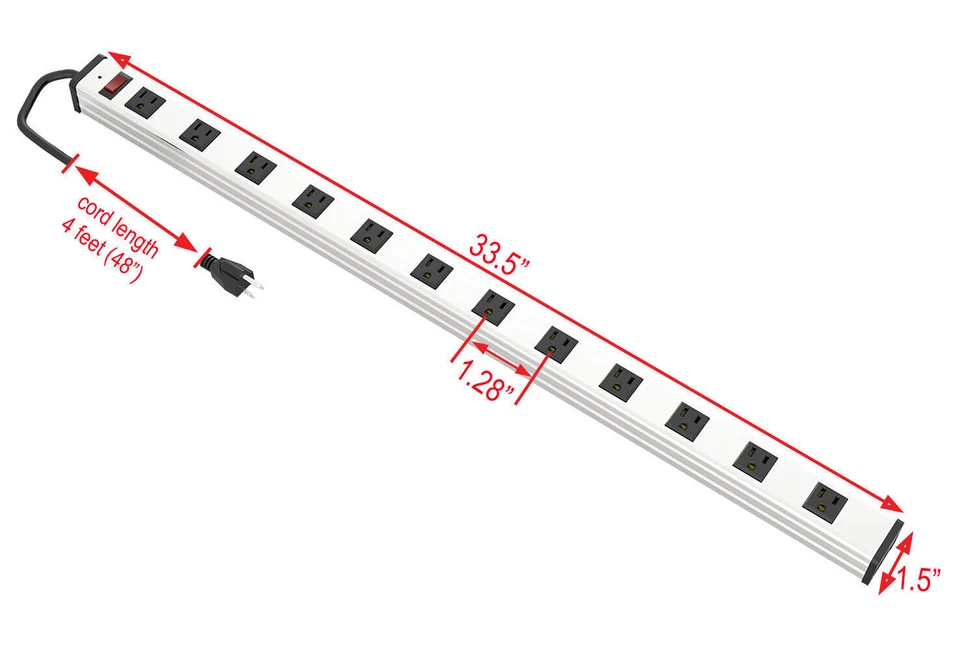 12 Outlet Power Strip Surge Protector Aluminum 300J AC15A 125V 1875W - Image 2 of 2
