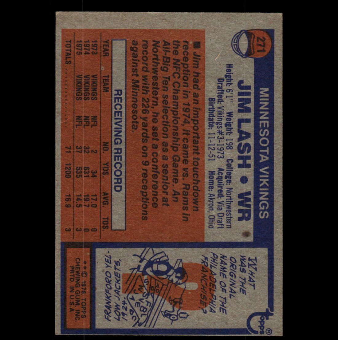 1976 Topps - Jim Lash #271 Minnesota Vikings 🏈 Football Card | eBay