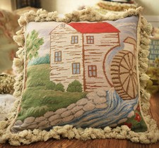 18" Vintage Elegant Tapestry Needlepoint Pillow - Watermill On River