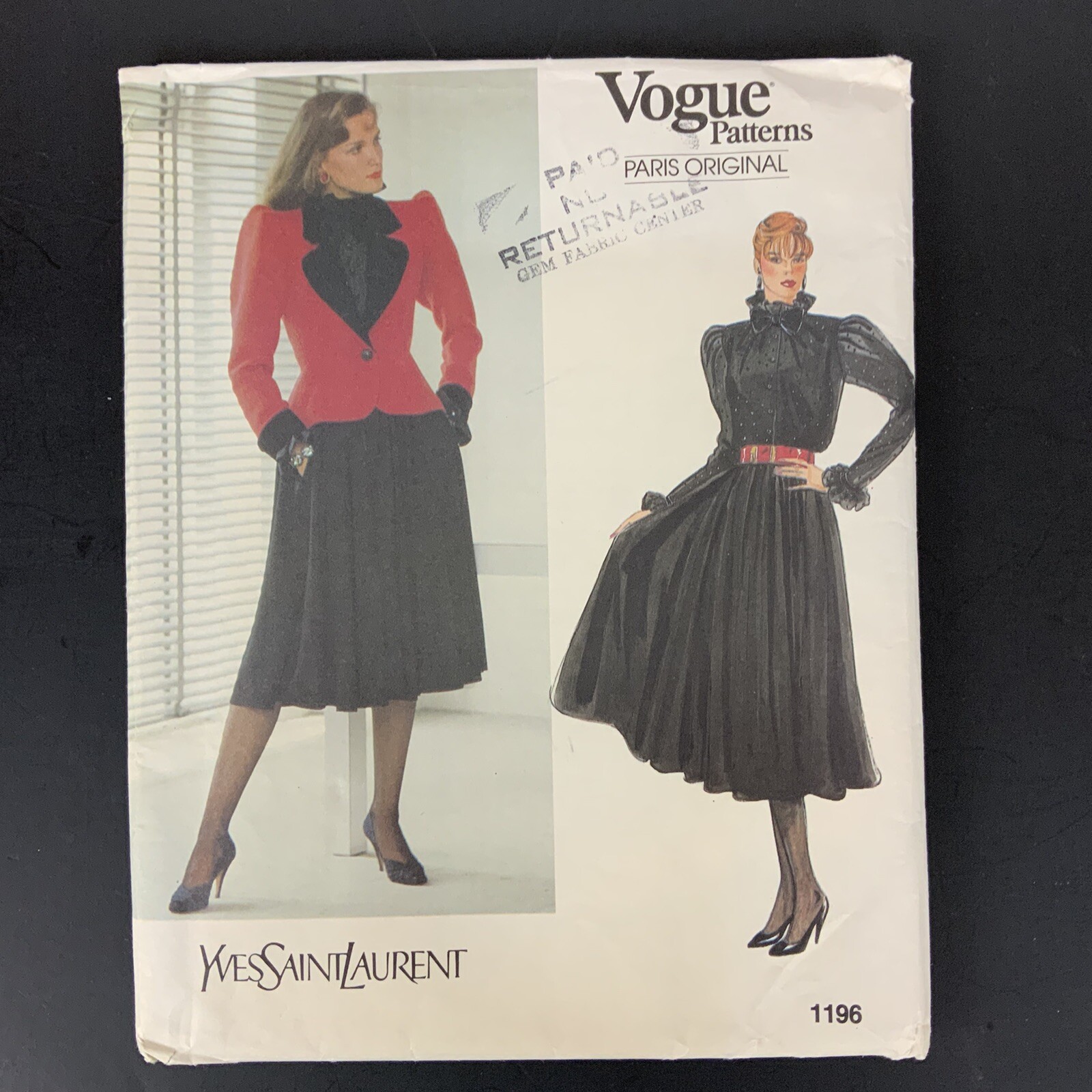 Abito Vogue 1196 Yves Saint Laurent taglia 10 design modello cucito NON TAGLIATO
