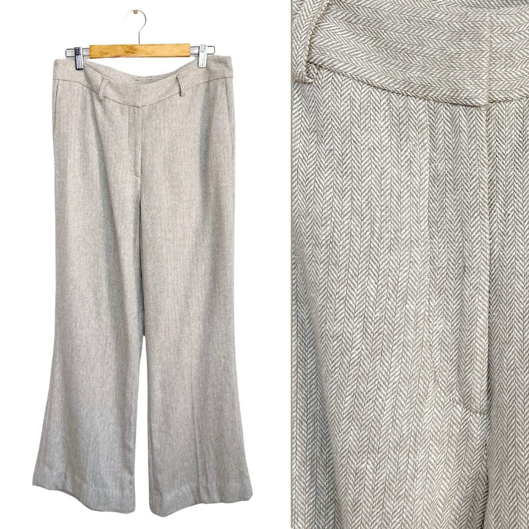 DKNY Linen Herringbone Light Heather Grey Wide Leg High Waist Trousers Pants 12