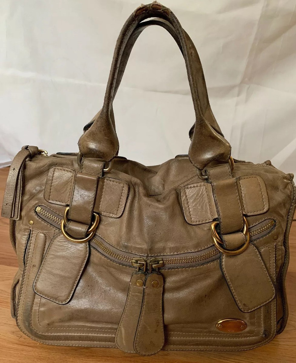Chloe Large Taupe Olive Leather Organizer Satchel Large Bay Bag
