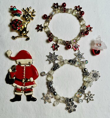 Lot 5 Pieces Christmas Holiday Jewelry Brooches Bracelets Pin Danecraft Santa
