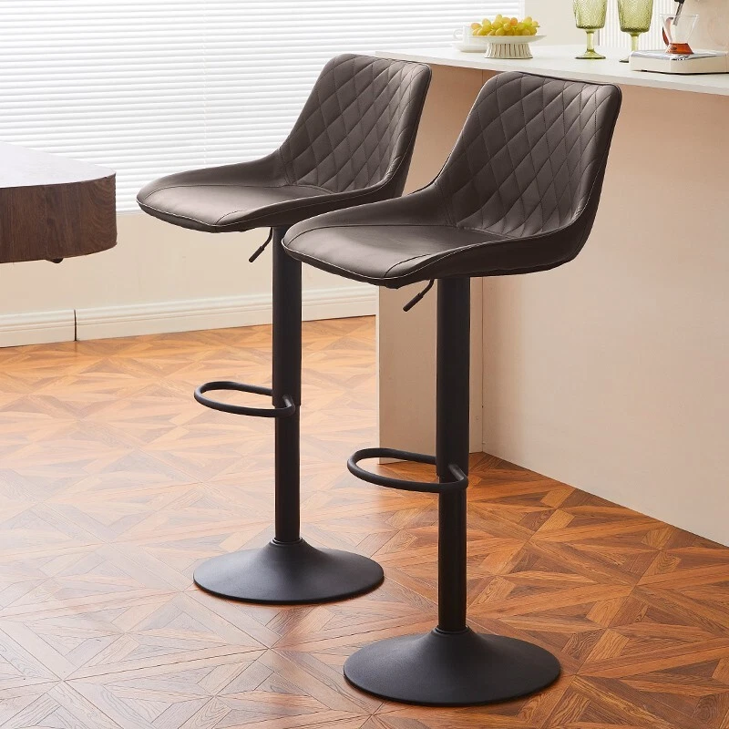2x Brown Bar Stools Faux Leather Breakfast Stool Adjustable Foot rest Gas Lift