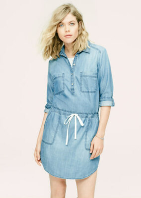 Lou & Grey Denim Dress Blue Henley Cuff Tab Sleeve Woman Shirt Dress jean  XS | eBay