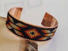 Native American Style Copper Seed Beaded Adjustable Bracelet Cuff Blue Red