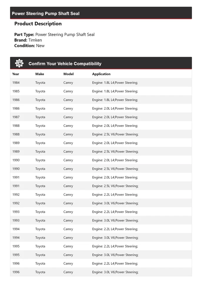 Bomba de dirección asistida para Toyota Camry 1984-1996 sello de eje Timken 1985 1986 1987 Foto 2 de 4