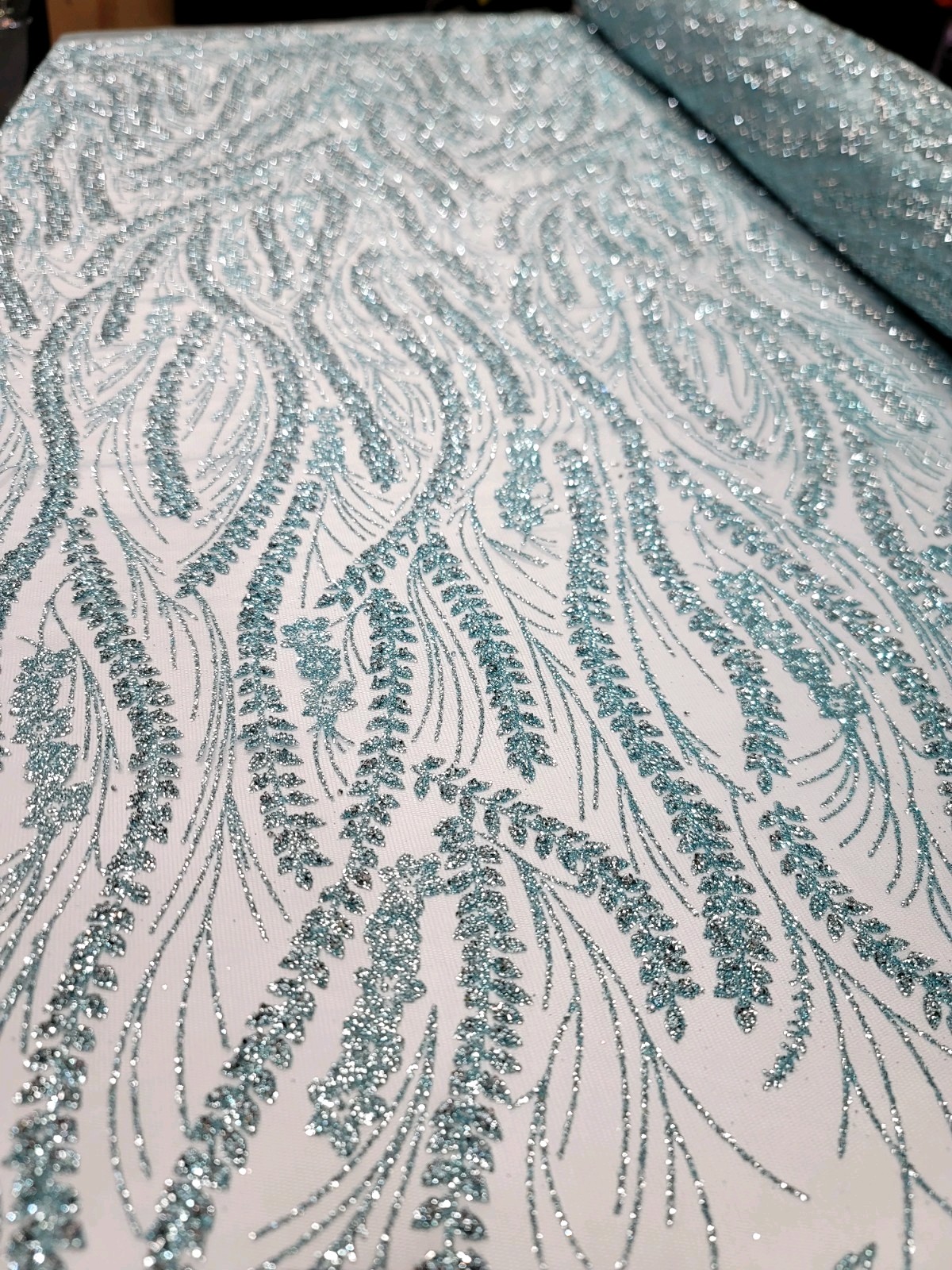 Mint Glitter Lace Rhinestones Geometric Pattern Fashion Fabric Sold By The Yard 