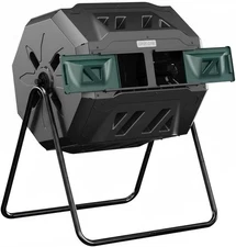 Compost Tumbler Outdoor, 43-Gal Dual Chamber Rotating Bin with Sliding Doors