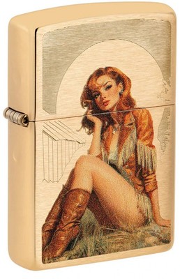 Zippo Western Pinup cowgirl Design Brushed Brass Color Image 46962