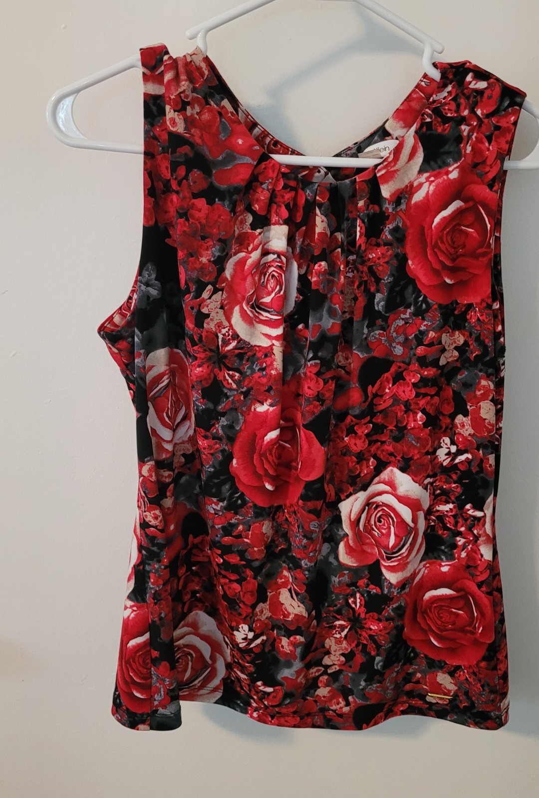 Calvin Klein Blouse Women's Large Sleeveless Pleated Round Neck Stretch Top