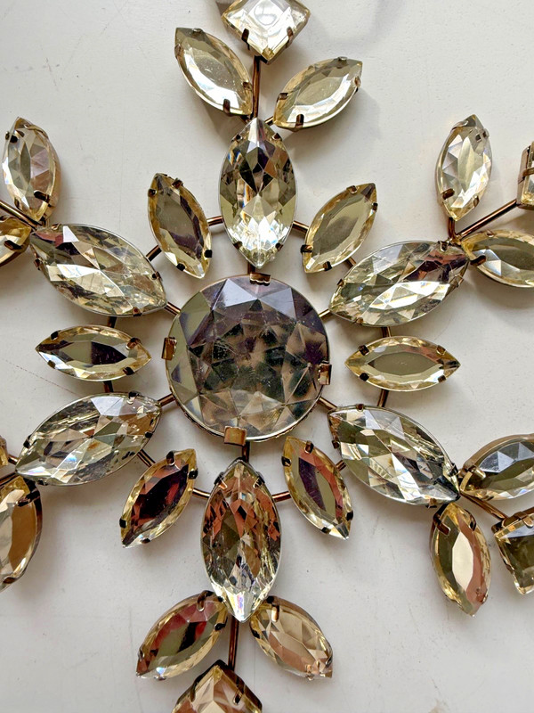 Flat Gold toned metal and faux crystal Snowflake Christmas Tree Ornament