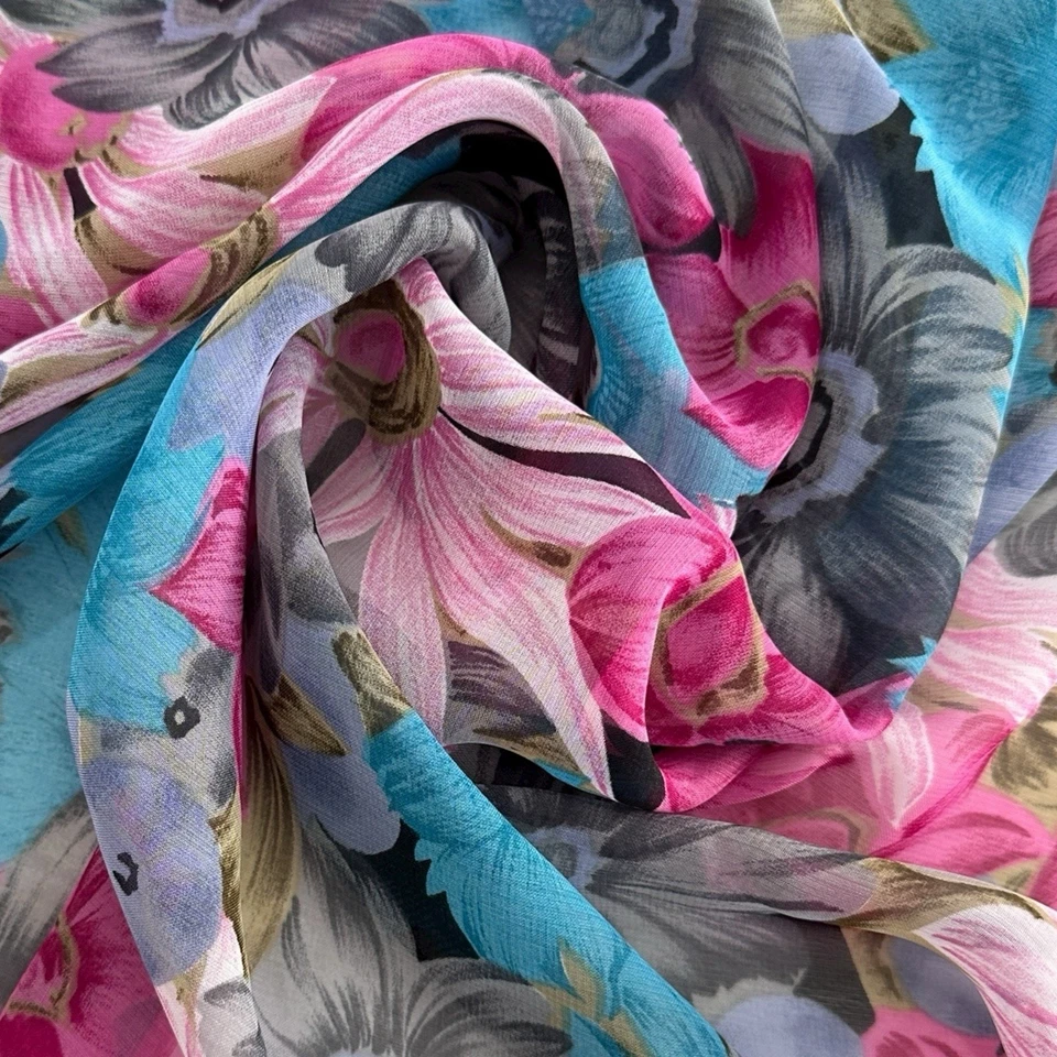 Floral Chiffon Georgette Fabric Japan Gray Lilac Magenta Blue 5.75 Yds x 44" - Image 4 of 4