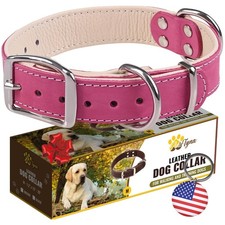 Heavy Duty Pink Leather Dog Collar Lined Soft Pet Strap Walking Training Medium
