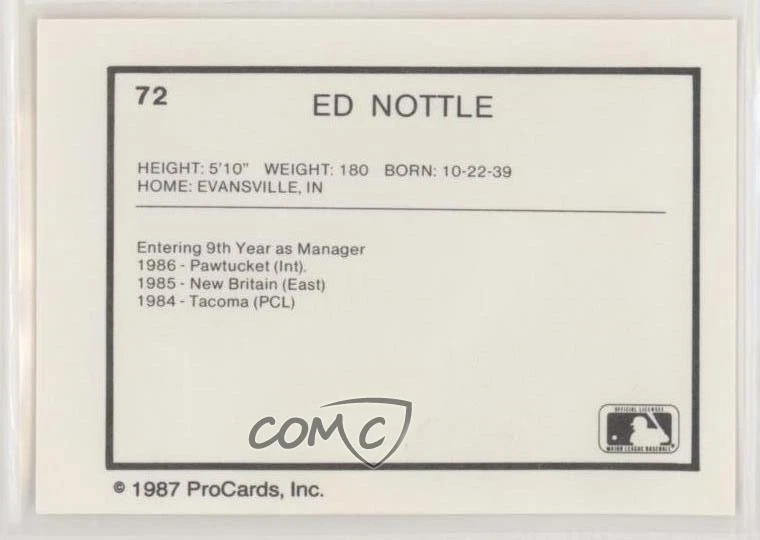 1987 ProCards Minor League Ed Nottle #72 - Image 2 of 2