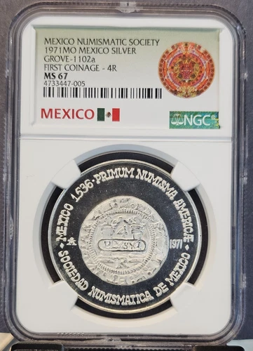 1971 MEXICO SILVER MEDAL GROVE 1102a FIRST COINAGE 4 REALES NGC MS 67 GEM BU