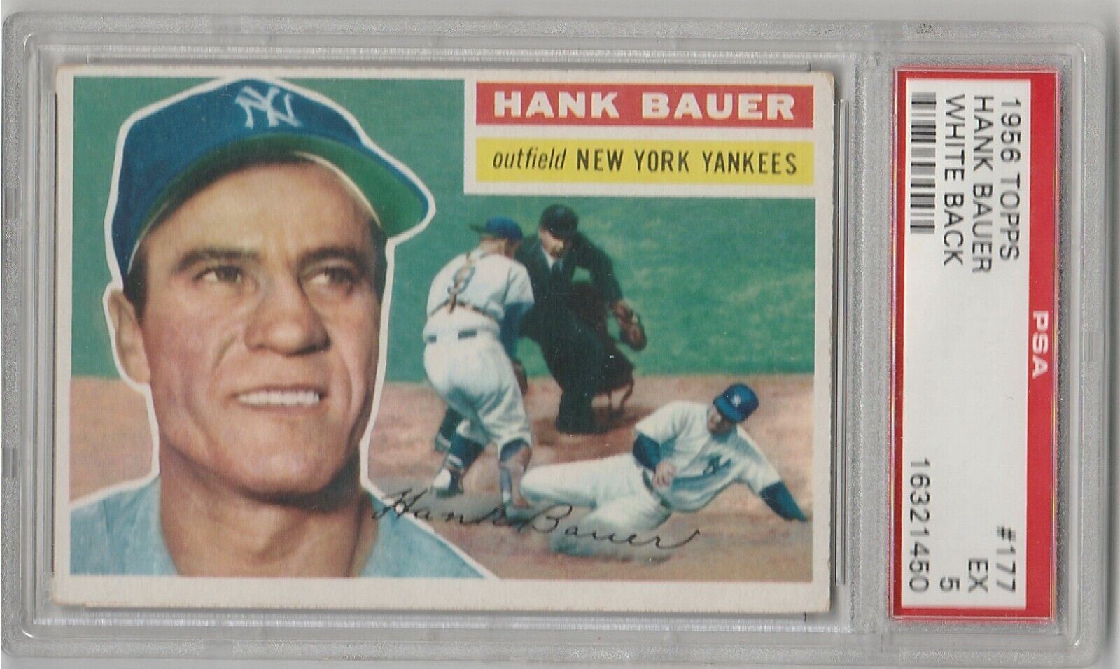 1956 TOPPS #177 HANK BAUER WHITE BACK WB RARE NEW YORK YANKEES PSA 5 EX WOW