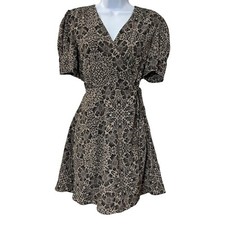 NWOT Olivaceous Wrap V Neck Puff Sleeve Floral Brown Mini Swing Dress Size M