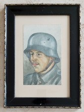 1. Weltkrieg AQUARELL Soldat mit M16 Stahlhelm im Bilderrahmen um 1914 / 1918 !