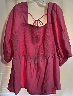 Ava Viv Women s Pink Smocked Square Neck Peplum Blouse Tie Back Size 4X New