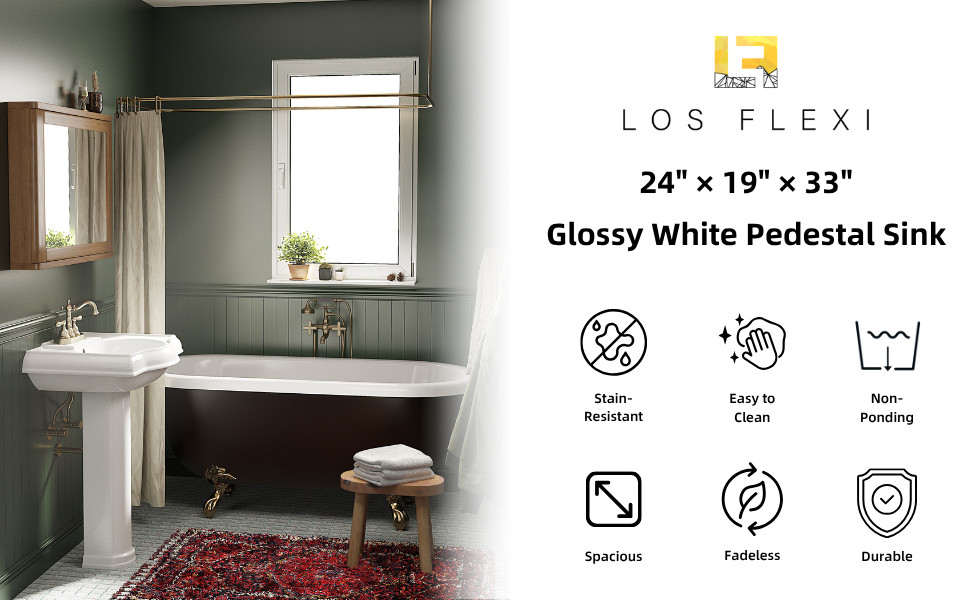 Los Flexi 24" x 19" White Ceramic Pedestal Sink with Overflow and 3 Faucet Hole