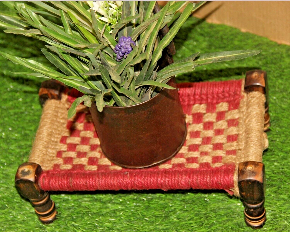 Vintage Colorful Wooden & Jute Rope Charpai Khat Sitting Stool Handmade Original - Image 3 of 4