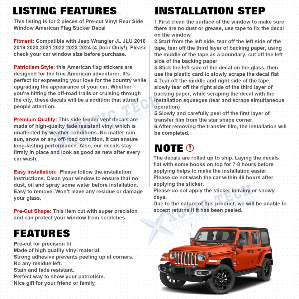 Calcomanía blanca de bandera americana para ventana trasera lateral para Jeep Wrangler JL JLU 2018+ 4 puertas Foto 2 de 4
