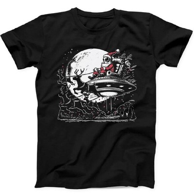 q446 - Christmas Retro Alien Santa Claus Reindeer And UFO Funny Gift Black
