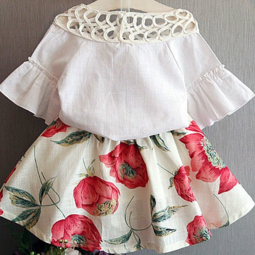 Girls Hollow Out Top Floral Printing Skirt Set Children Horn Sleeve Scoop Neck - Picture 3 of 10