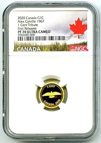 2020 CANADA G1C .9999 GOLD PROOF NGC PF70 UCAM ALEX COLVILLE 1967 ROCK DOVE CENT