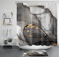 Modern Gold Abstract Marble Black and Grey Shower Curtain Set for Bathroom Decor