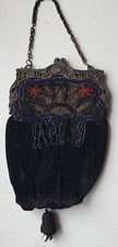 Antique Black Velvet Glass Beaded Purse Fancy Frame