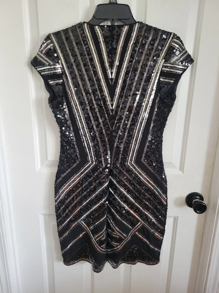 Express 女式亮片迷你紧身鸡尾酒 V 领帽袖连衣裙黑色中号 — 第 4/4 张图片