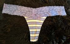 Vtg Pink By Victoria  s Secret S/P Lavender Stiped Bikini Panties W Lace Trim