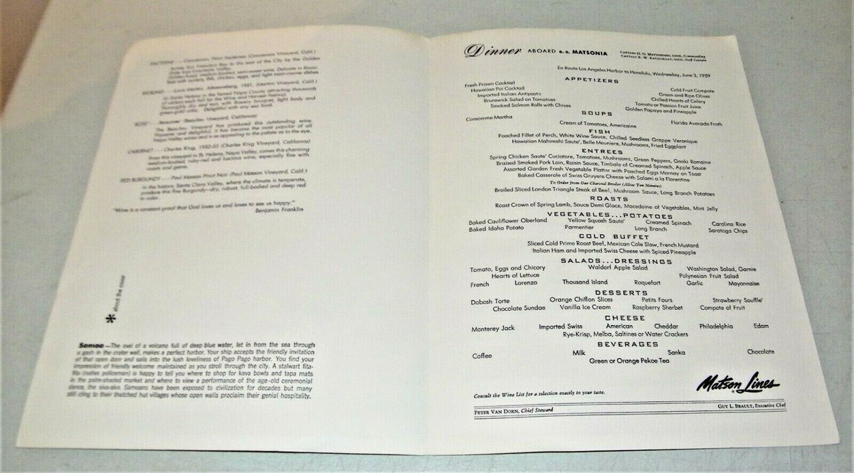 Vintage Matson Lines S S Matsonia Dinner Menu June 3 1959 to