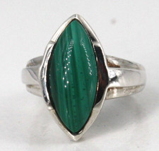 Sterling Silver Ring Marquise Shape Cabochon Malachite Size 6