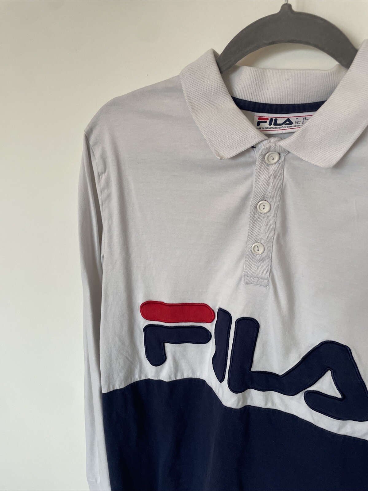 T shirt manica lunga VINTAGE FILA Y2K blu navy bianca grafica 1 4 bottoni PICCOLA