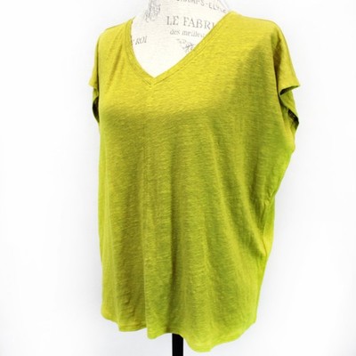 Eileen Fisher Lime 100% Linen V-Neck Bat Sleeve T-Shirt Tee Top Minimalist L